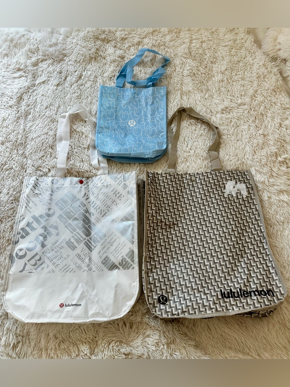 LULULEMON Reusable Tote Bags Lot of 3 Blue White Gray Brown Large Small Shopping